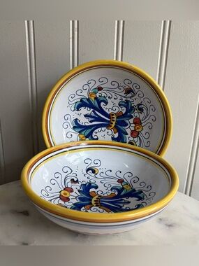 Deruta Italian Pottery Hand-Painted Small Bowl Set of 2 White, Yellow, & Blue